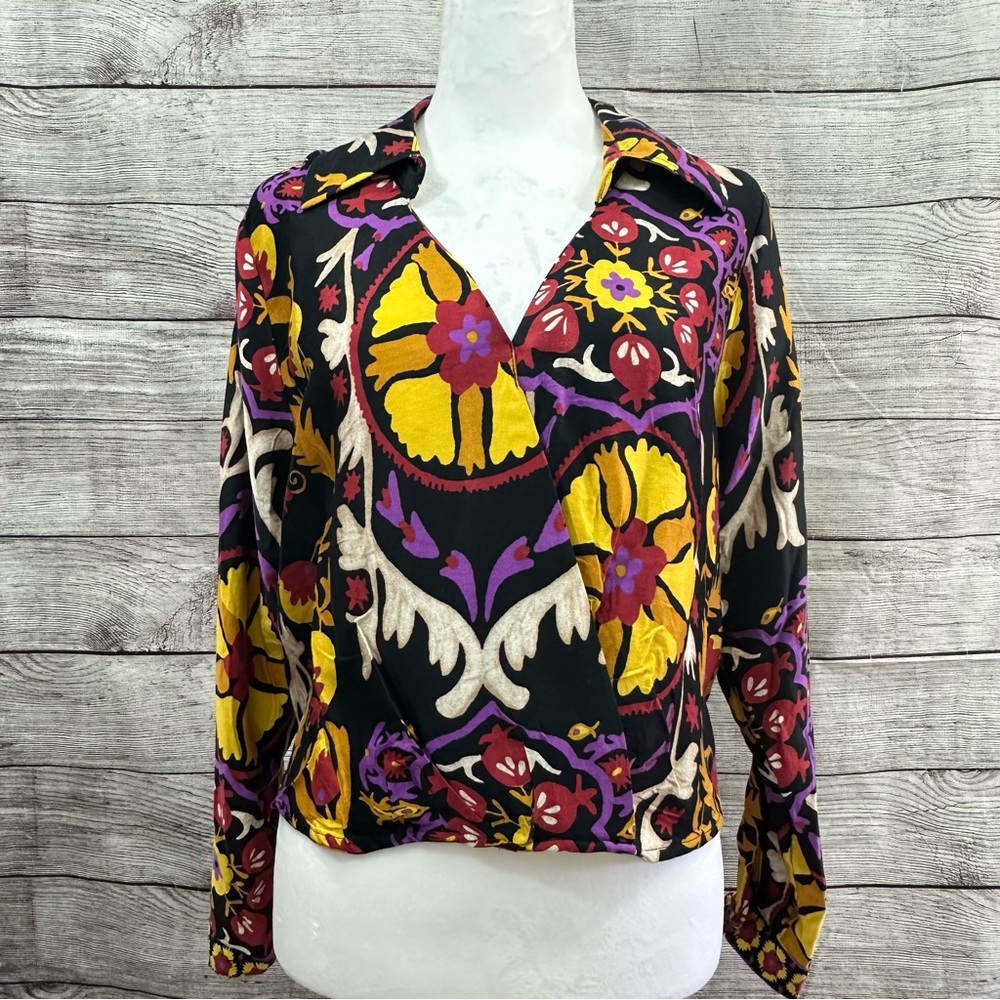Haute Hippie boho bohemian cropped blouse with collar and elastic NWT